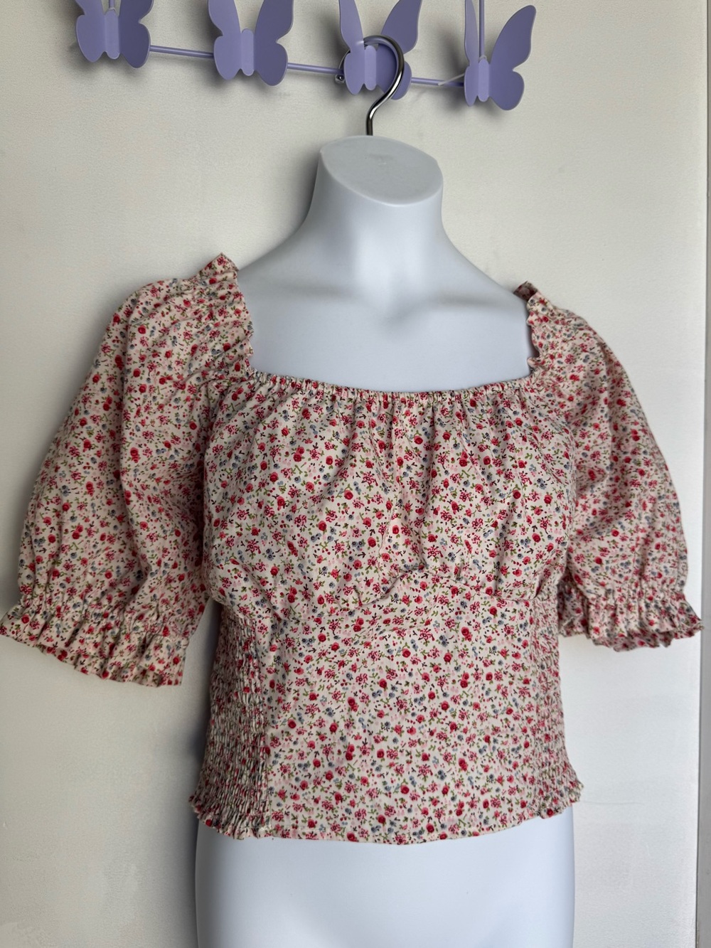 Cream Floral Square-Neck Puff Sleeve Crop Top